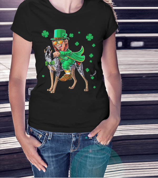 Leprechaun Riding Bluetick Coonhound With Shamrock Accents T-Shirt