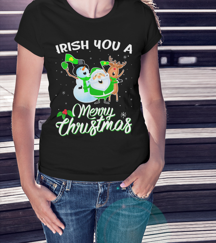 Irish You A Merry Christmas Snowman Santa Reindeer T-Shirt