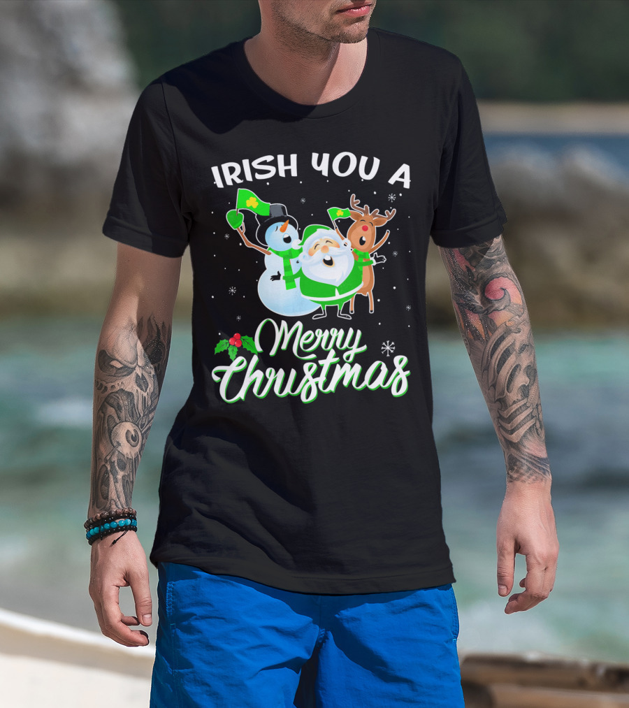 Irish You A Merry Christmas Snowman Santa Reindeer T-Shirt