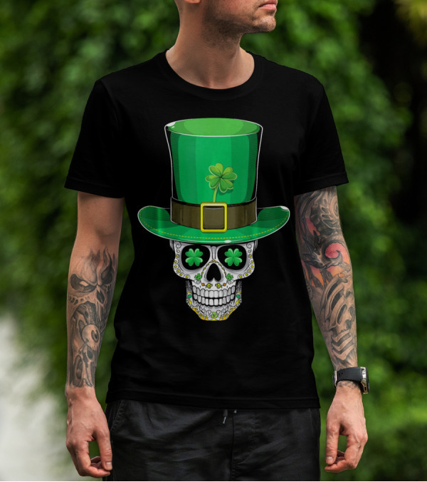 St Patricks Day Shamrock Sugar Skull Leprechaun T-Shirt