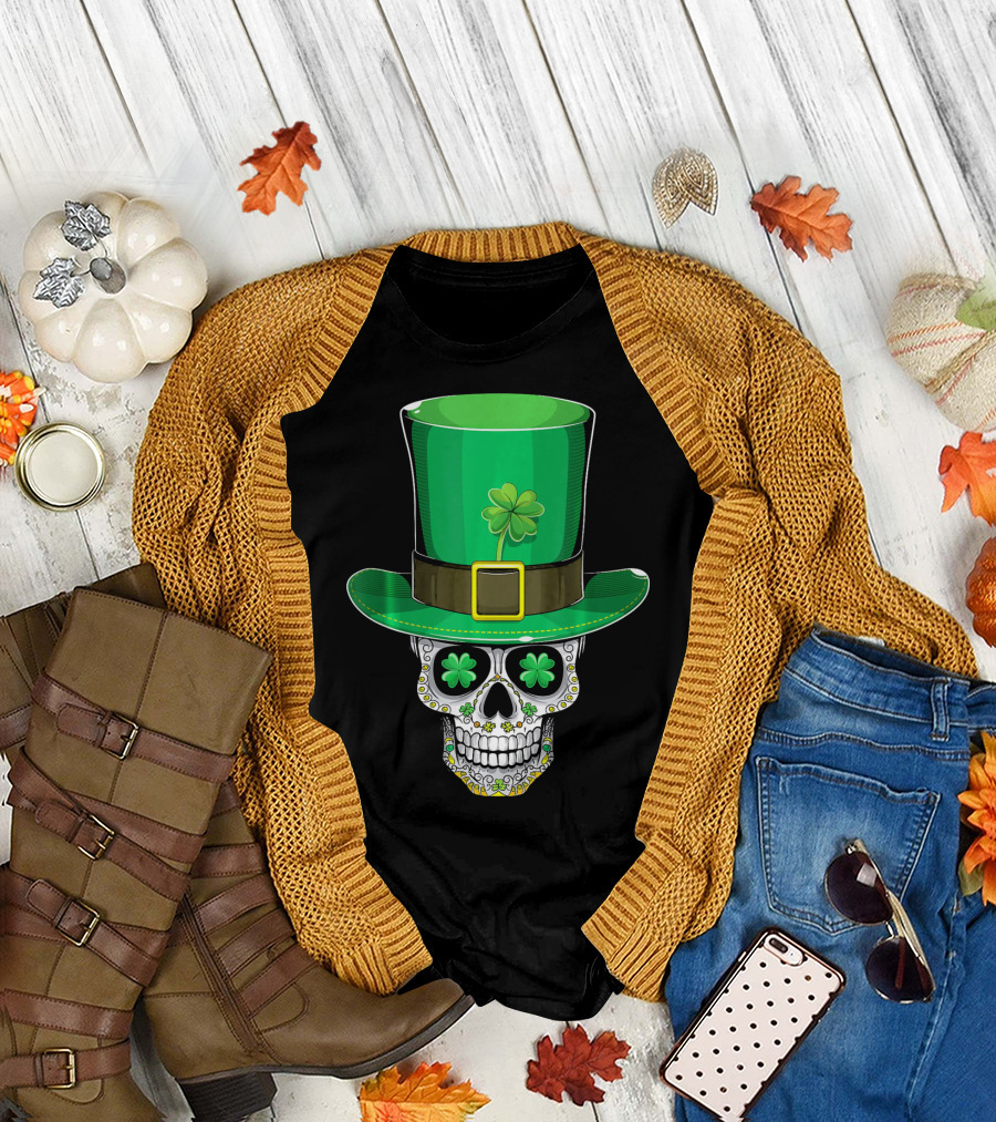 St Patricks Day Shamrock Sugar Skull Leprechaun T-Shirt