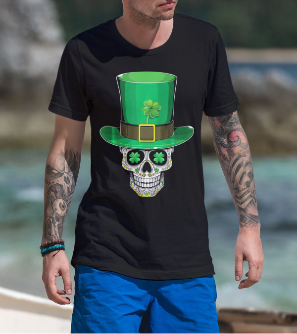St Patricks Day Shamrock Sugar Skull Leprechaun T-Shirt
