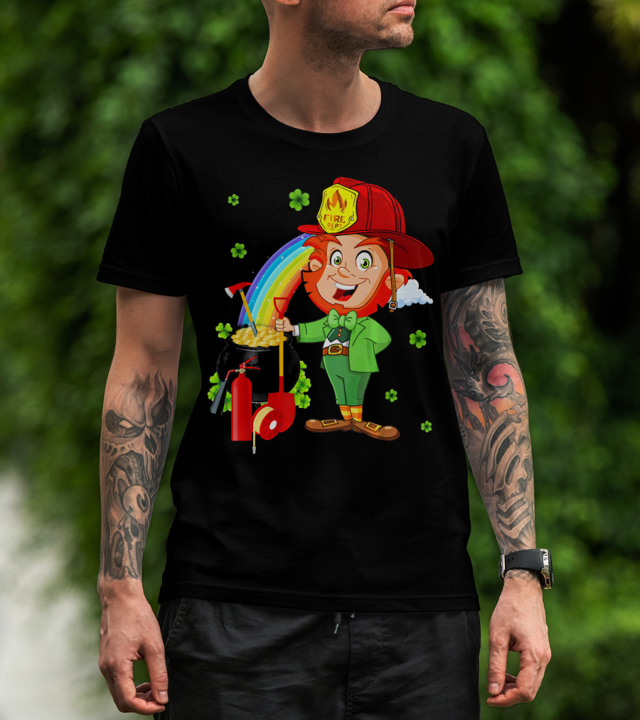 Fire Dept Leprechaun With Pot Of Gold And Rainbow T-Shirt