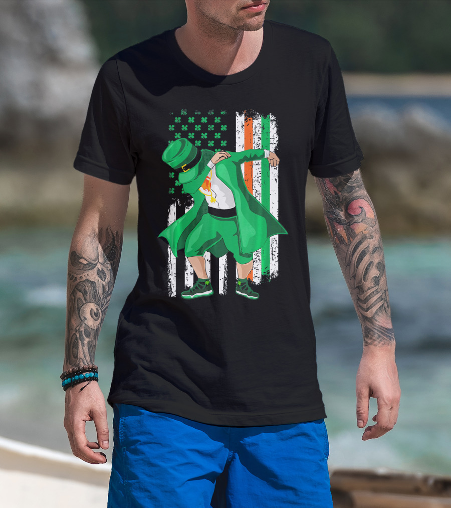 Dabbing Leprechaun With Shamrock And Irish American Flag Background T-Shirt