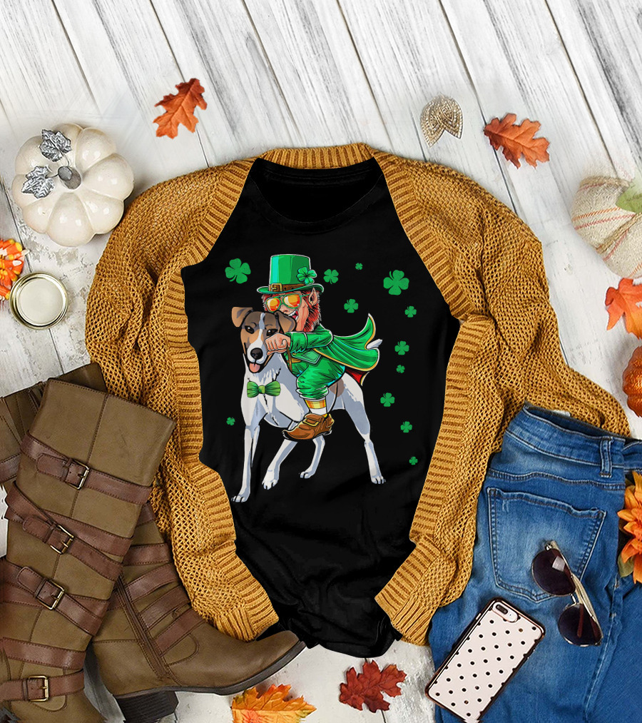 Leprechaun Riding Smooth Fox Terrier with Shamrocks T-Shirt