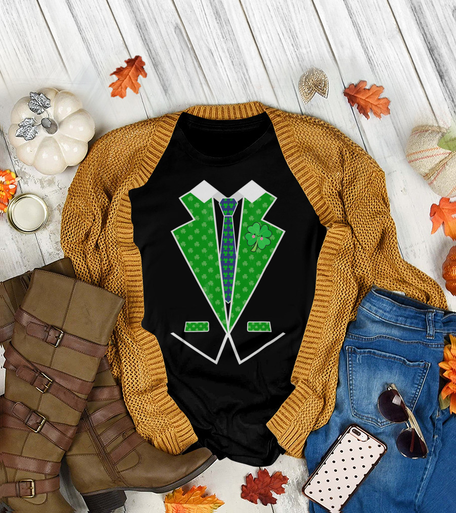 St. Patrick Day Shamrock Vest Tuxedo with Green Tie T-Shirt