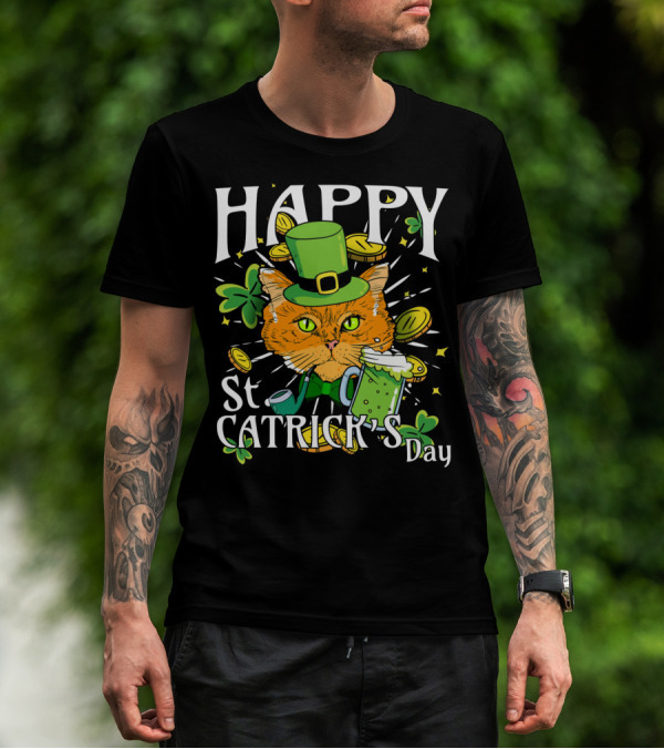 Happy St. Catricks Day Funny St. Patrick Cat Clover Coins T-Shirt