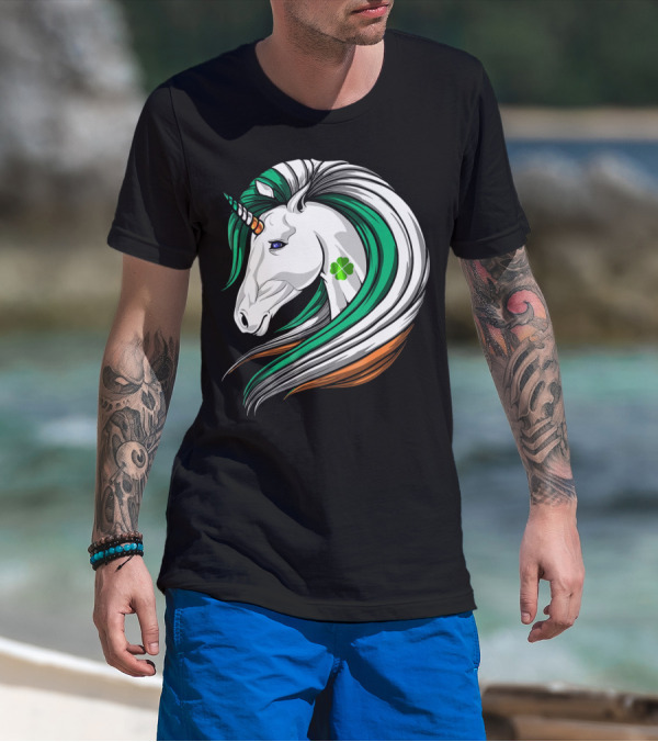 Ireland Flag Irish Flag Unicorn Shamrock Mane T-Shirt