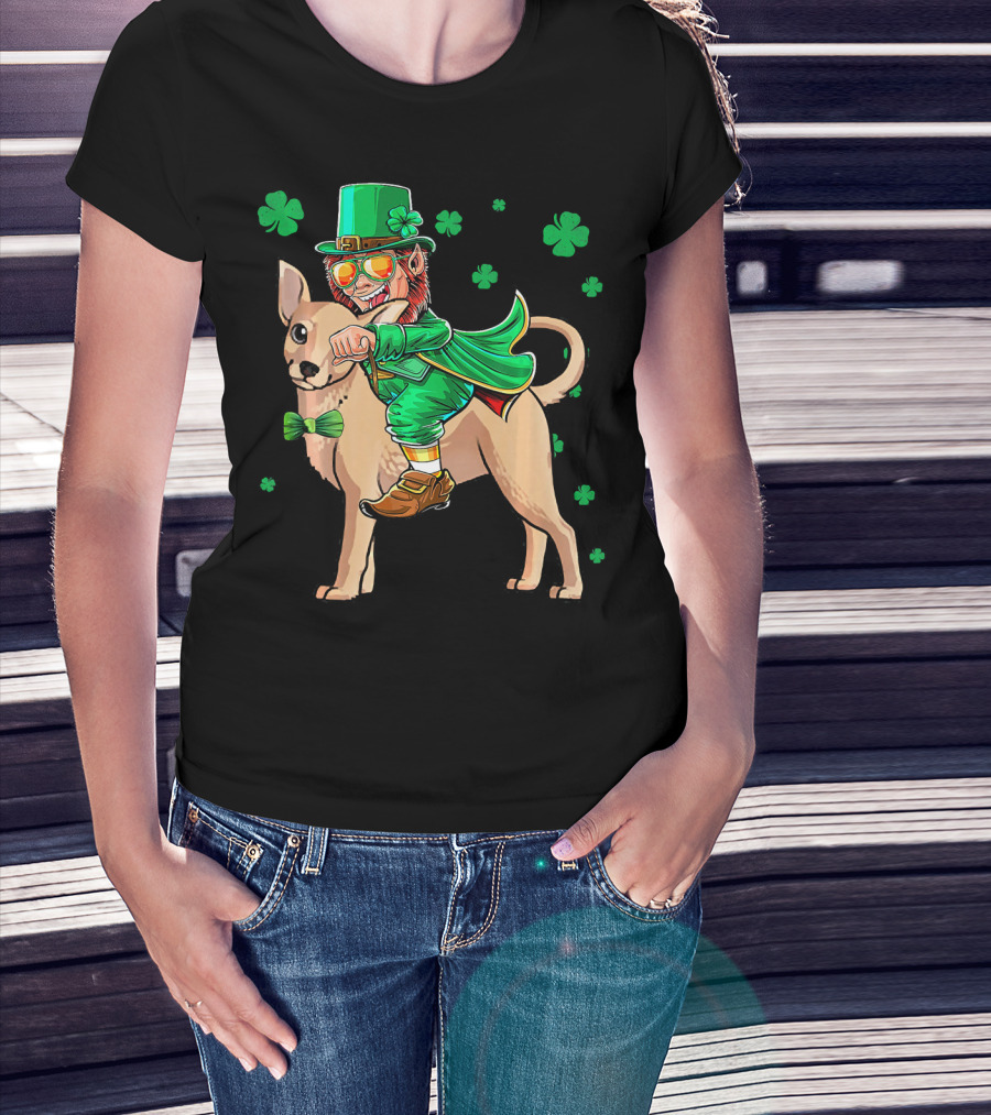 Leprechaun Riding Chihuahua With Shamrocks St. Patrick's Day T-Shirt