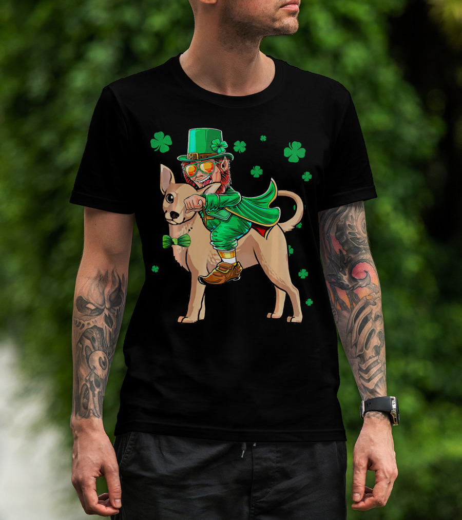 Leprechaun Riding Chihuahua With Shamrocks St. Patrick's Day T-Shirt