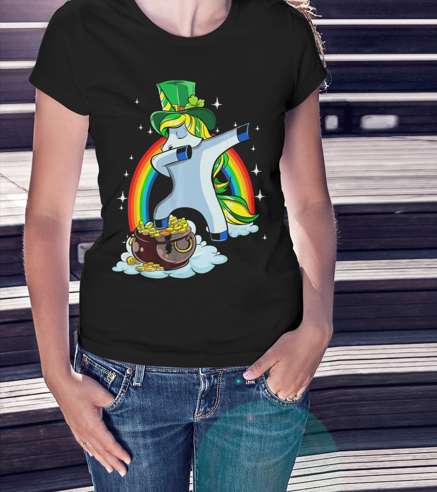 St Patricks Day Dabbing Unicorn Rainbow Pot Of Gold T-Shirt