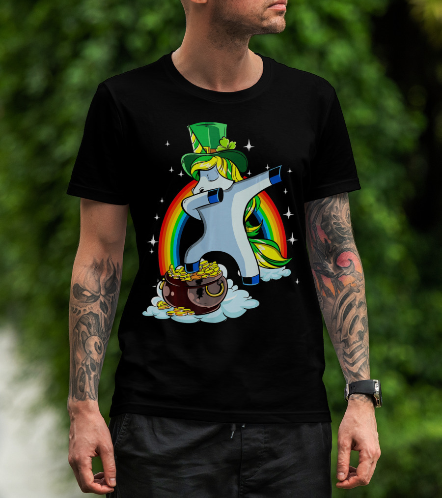 St Patricks Day Dabbing Unicorn Rainbow Pot Of Gold T-Shirt