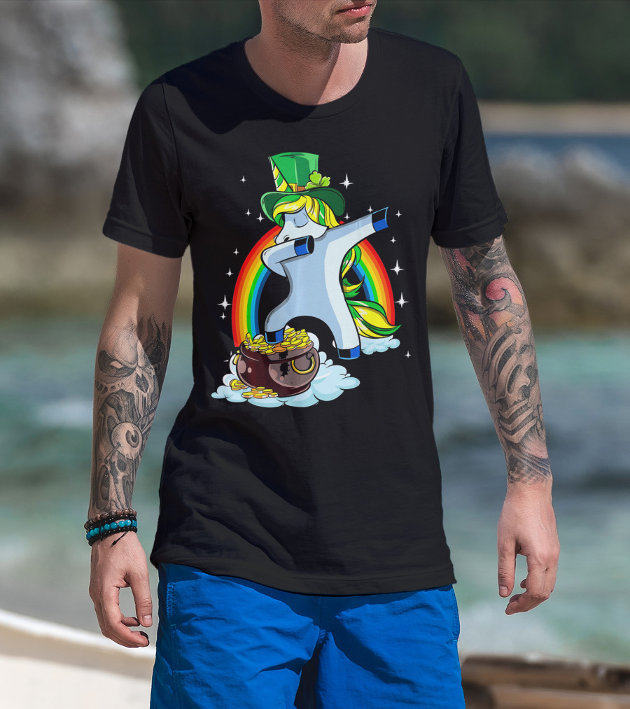 St Patricks Day Dabbing Unicorn Rainbow Pot Of Gold T-Shirt