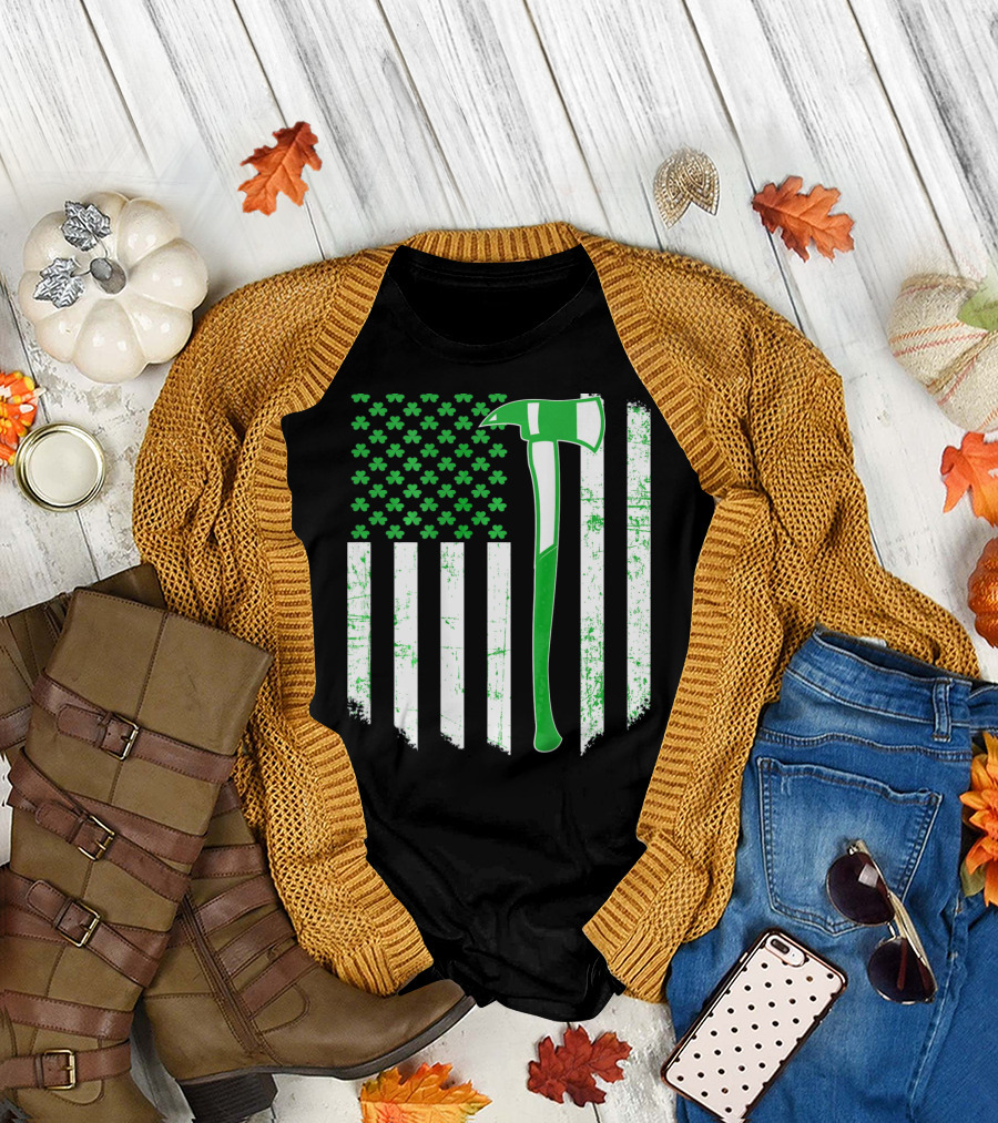 Irish Shamrock Flag Firefighter Axe T-Shirt