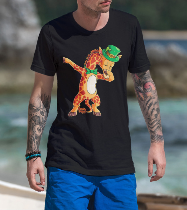 Giraffe Dabbing Leprechaun Hat Bow Tie T-Shirt