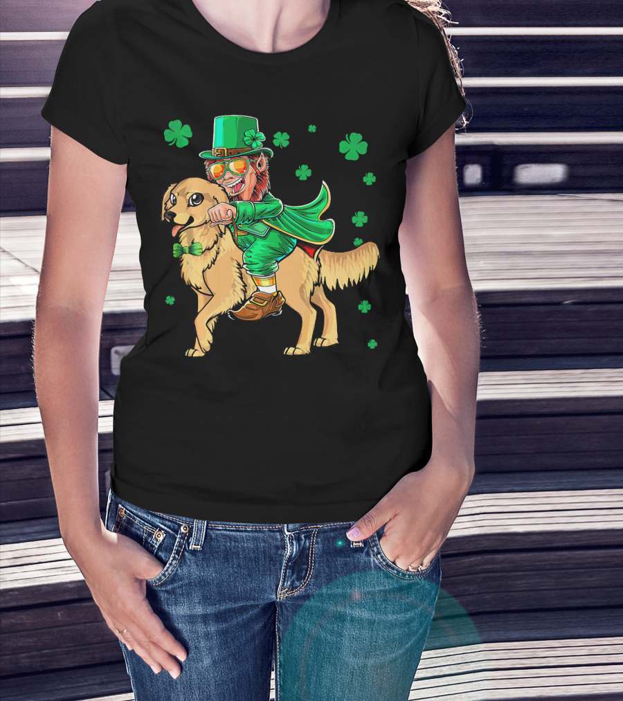 Leprechaun Riding Golden Retriever With Shamrocks T-Shirt