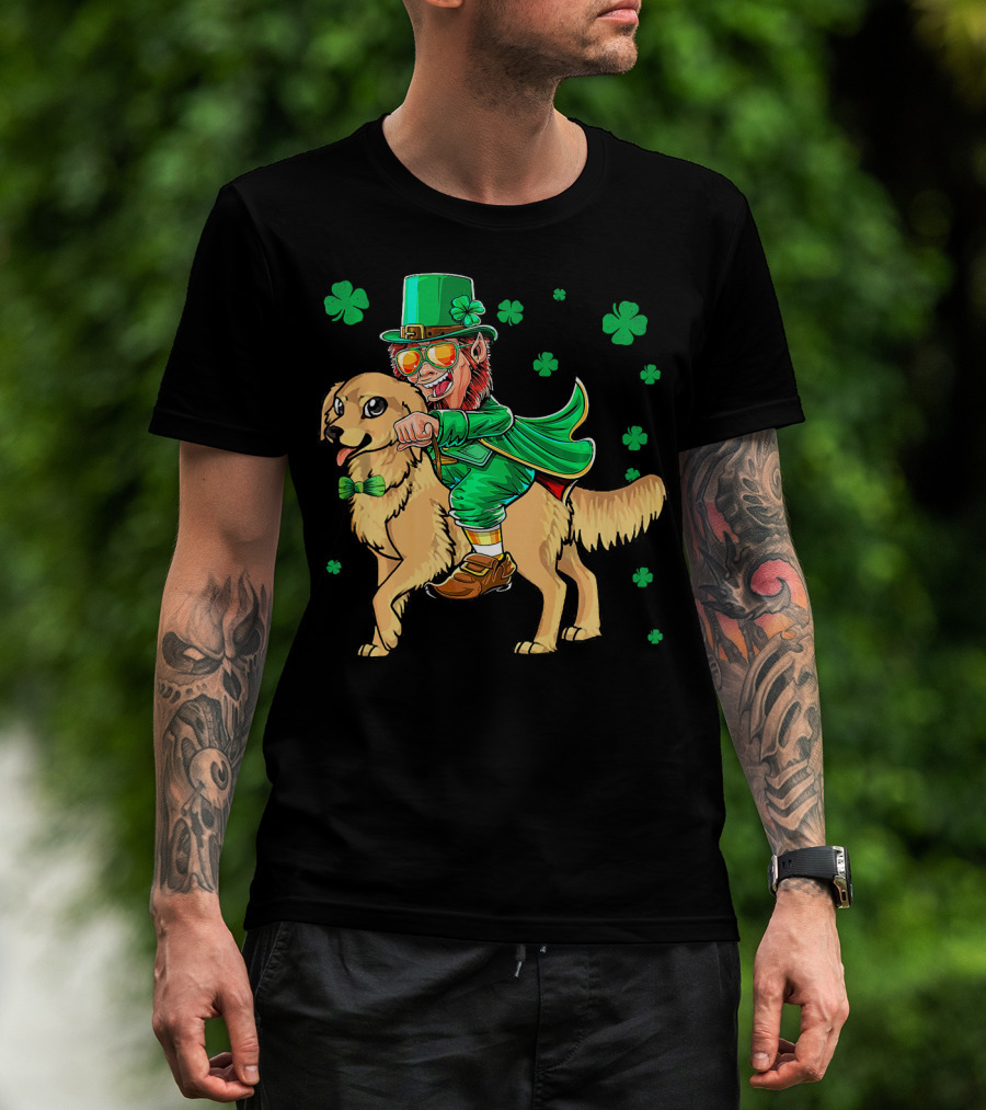 Leprechaun Riding Golden Retriever With Shamrocks T-Shirt