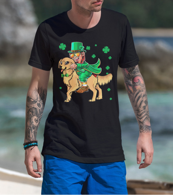 Leprechaun Riding Golden Retriever With Shamrocks T-Shirt