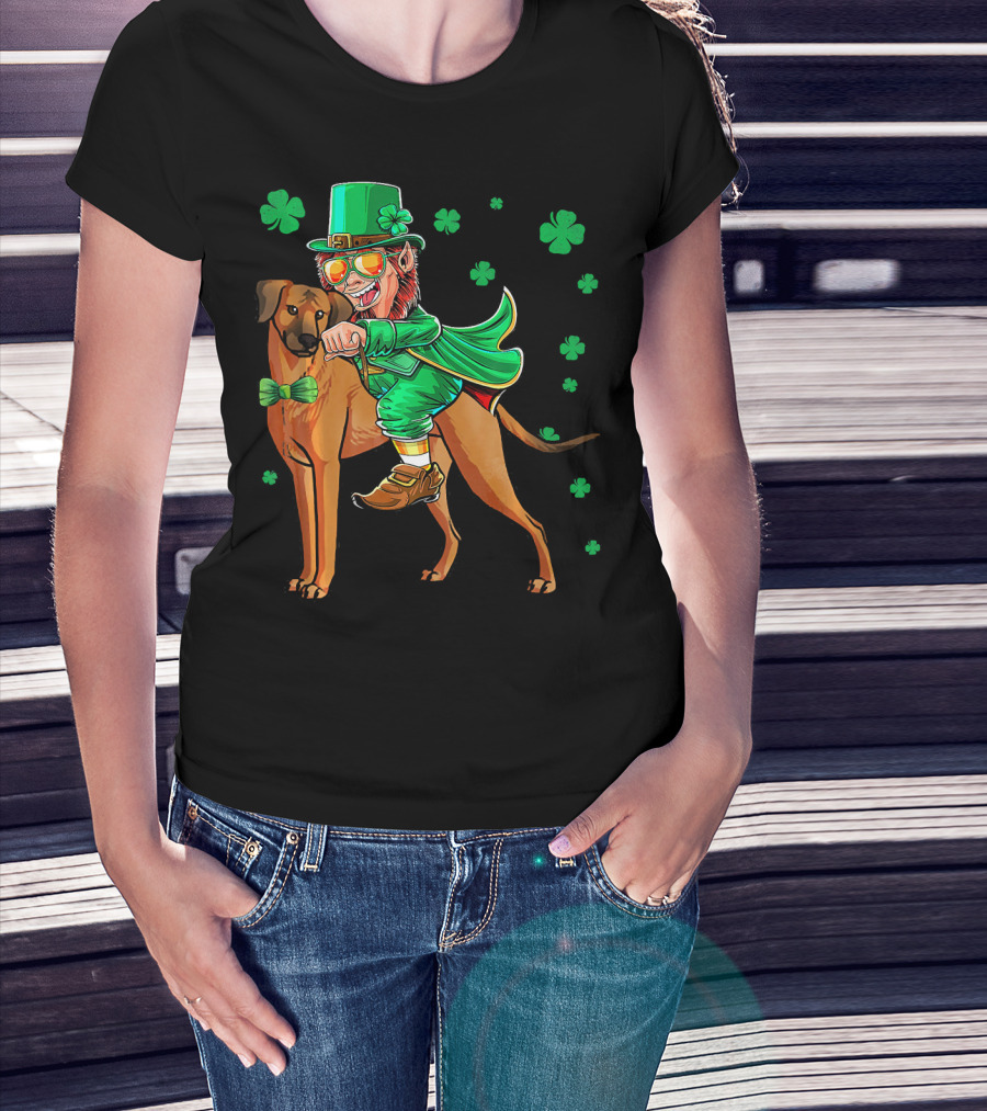 Leprechaun On Rhodesian Ridgeback With Shamrocks T-Shirt