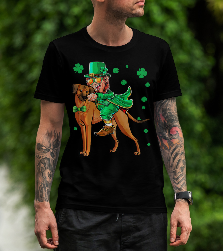 Leprechaun On Rhodesian Ridgeback With Shamrocks T-Shirt