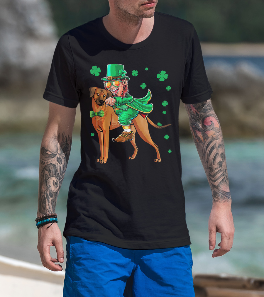 Leprechaun On Rhodesian Ridgeback With Shamrocks T-Shirt