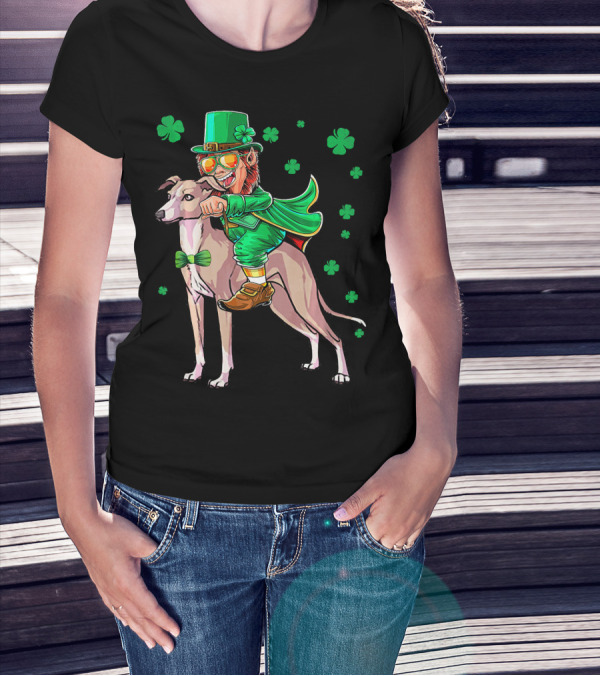 Leprechaun Riding Italian Greyhound With Shamrocks T-Shirt