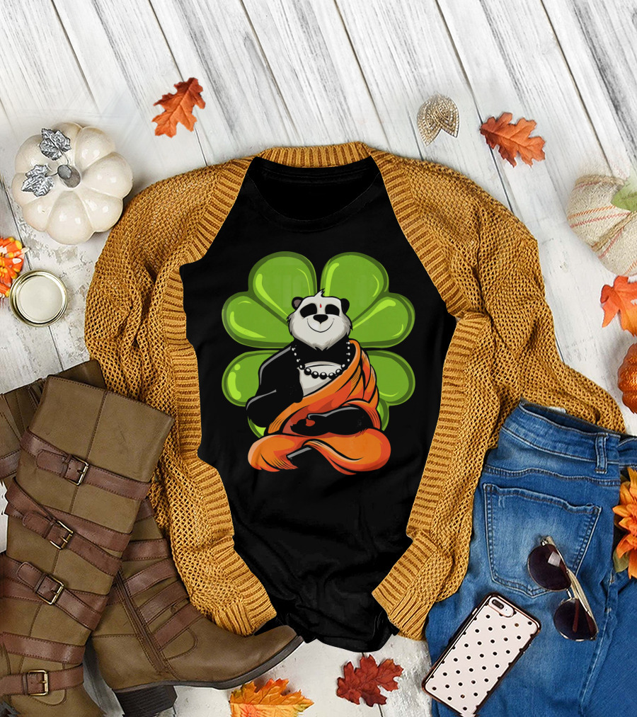 Panda Bear Buddha Zen Meditation with Lucky Four-Leaf Clover T-Shirt