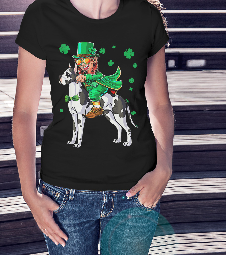 Leprechaun Riding Great Dane With Shamrocks St. Patri T-Shirt