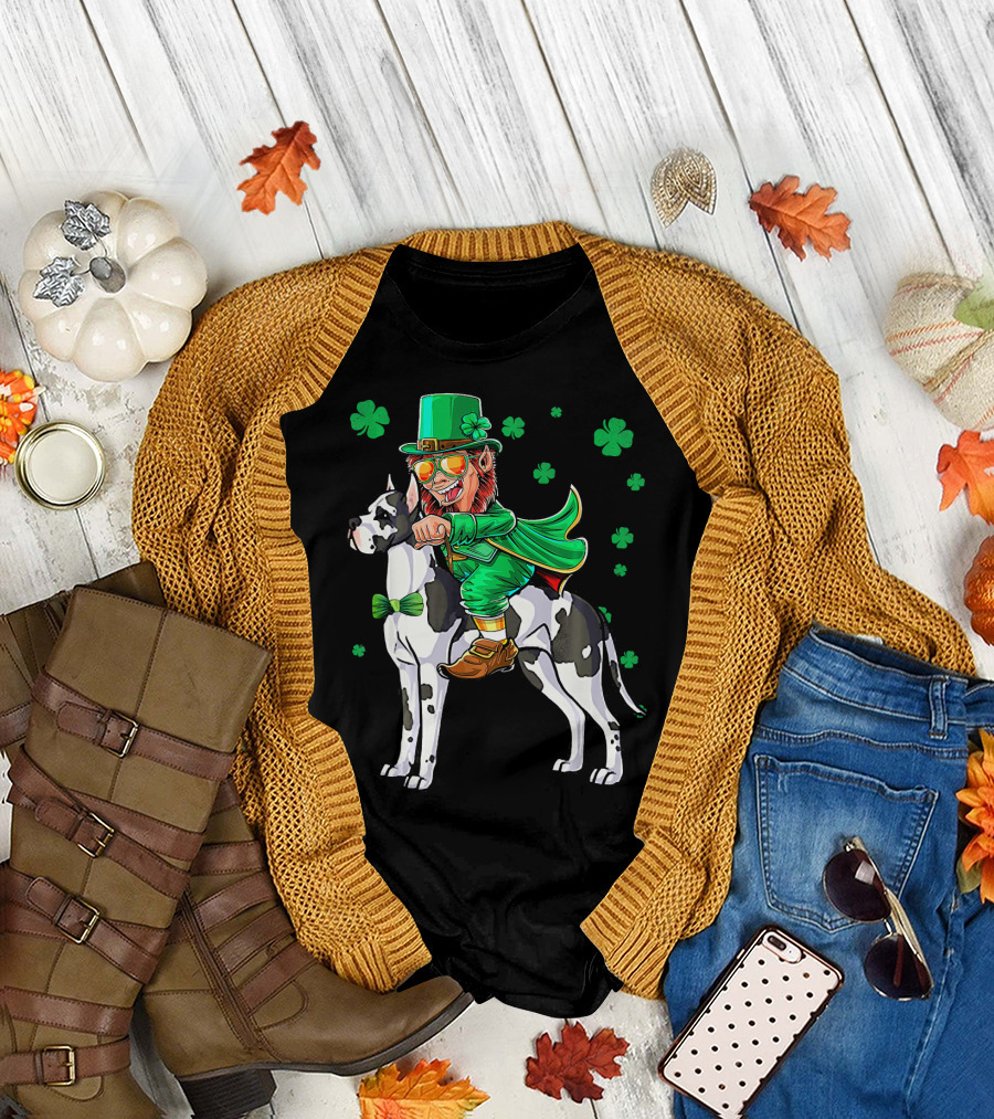 Leprechaun Riding Great Dane with Shamrocks St. Patri T-Shirt