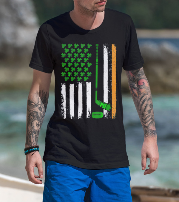 Hockey St Patricks Irish American Flag Shamrock Hockey Stick T-Shirt