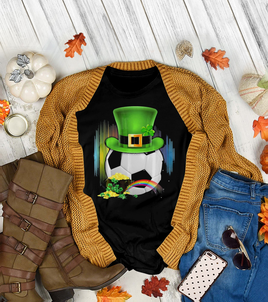 Soccer Ball Leprechaun Hat Pot of Gold Rainbow Saint Patricks T-Shirt