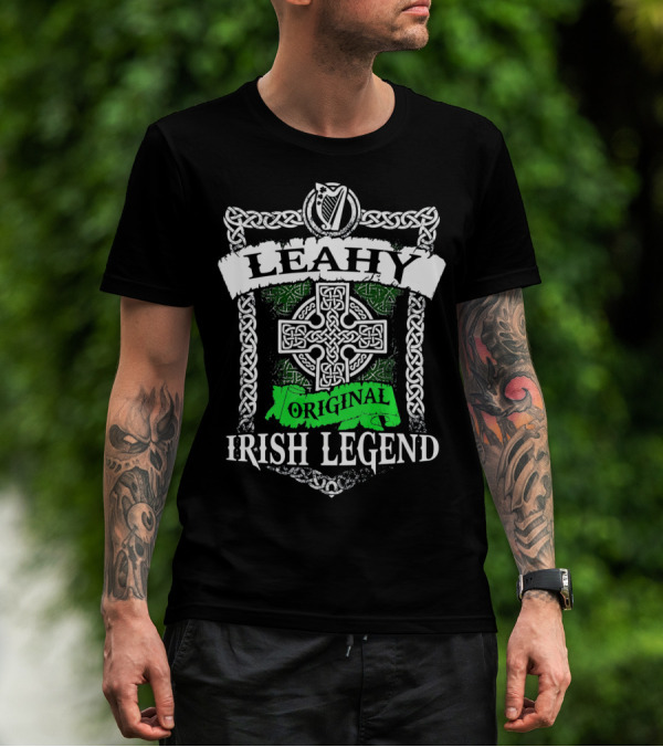 LEAHY Original Irish Legend Celtic Knot Cross Harp Emblem T-Shirt