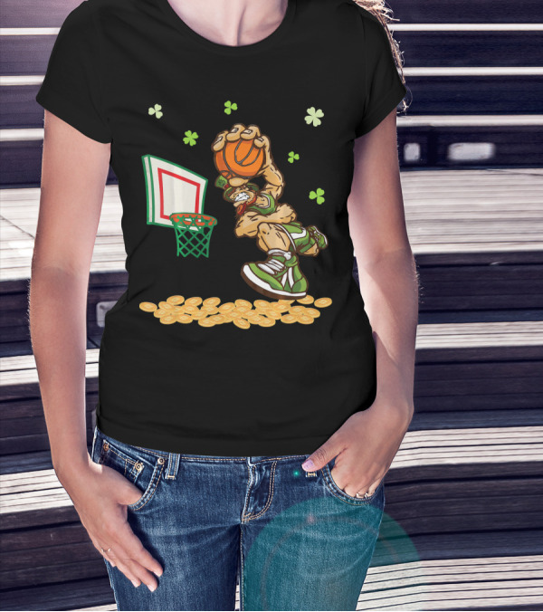Leprechaun Dunking Basketball Surrounded By Shamrocks And Gold Coins T-Shirt