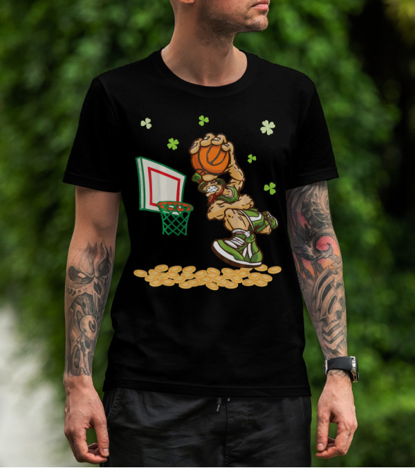 Leprechaun Dunking Basketball Surrounded By Shamrocks And Gold Coins T-Shirt