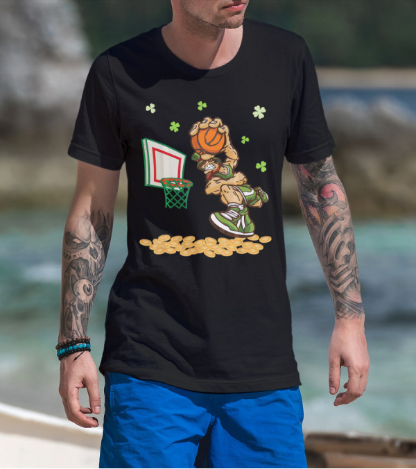 Leprechaun Dunking Basketball Surrounded By Shamrocks And Gold Coins T-Shirt