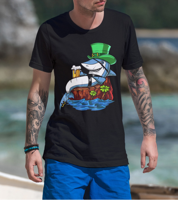 Leprechaun Shark Pirate St Patricks Beer Shamrock Rock T-Shirt