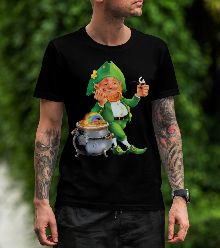 Cool Leprechaun With Rainbow And Gold Pot T-Shirt
