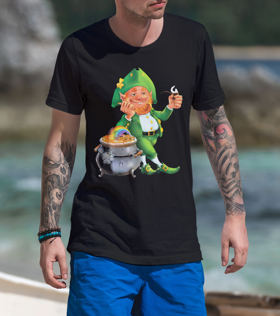 Cool Leprechaun With Rainbow And Gold Pot T-Shirt