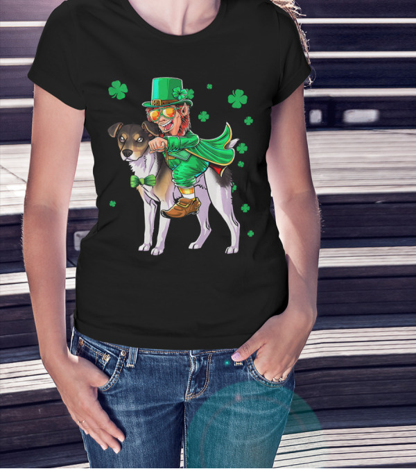 Leprechaun Riding Rat Terrier With Shamrock Pattern St Patrick's Day T-Shirt