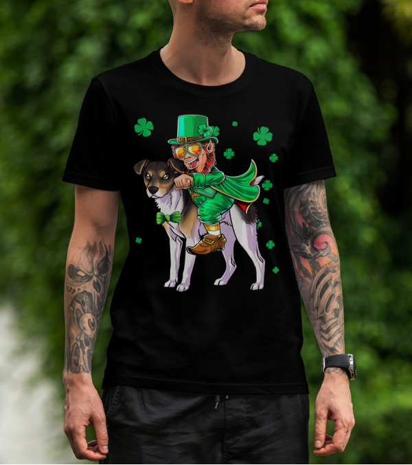 Leprechaun Riding Rat Terrier With Shamrock Pattern St Patrick's Day T-Shirt