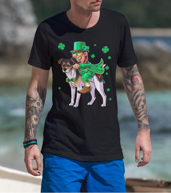 Leprechaun Riding Rat Terrier With Shamrock Pattern St Patrick's Day T-Shirt