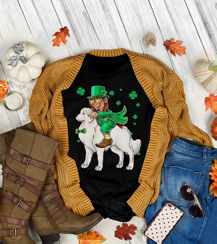 Great Pyrenees Leprechaun Riding Shamrock T-Shirt