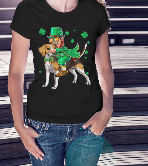 Leprechaun Riding Beagle With Shamrocks For St. Patrick's Day T-Shirt