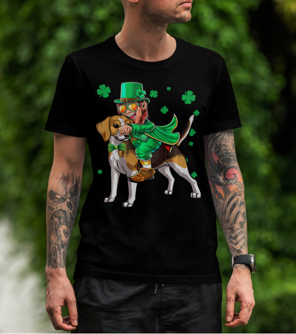 Leprechaun Riding Beagle With Shamrocks For St. Patrick's Day T-Shirt