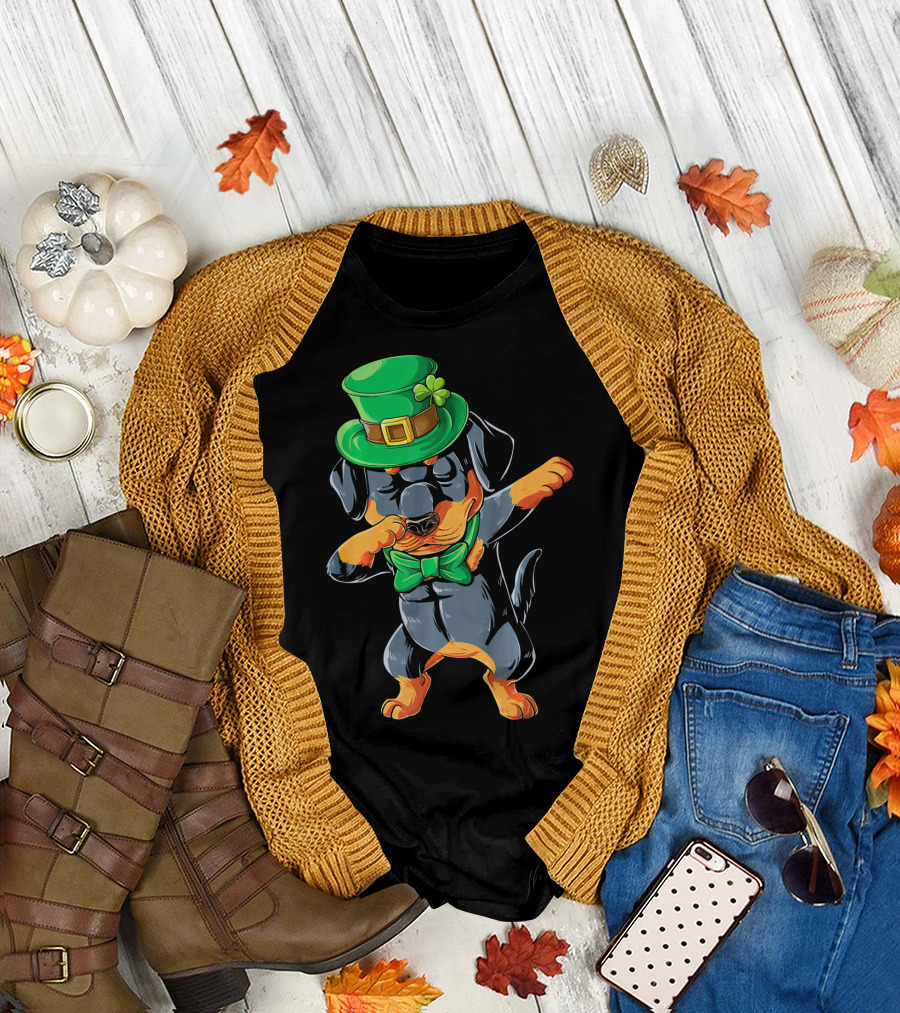 Dabbing Rottweiler St. Patrick's Day Hat and Bow Tie T-Shirt