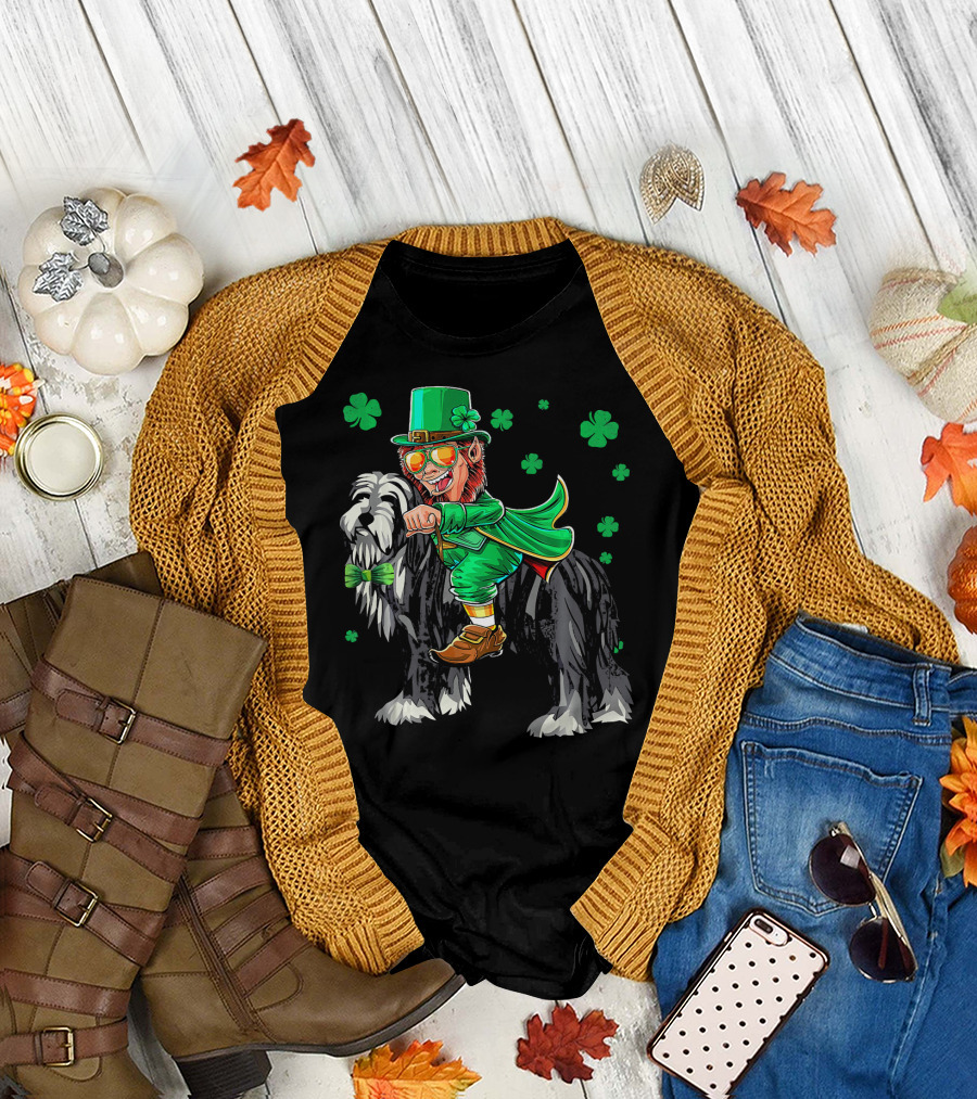 Leprechaun Riding Bearded Collie with Shamrocks T-Shirt