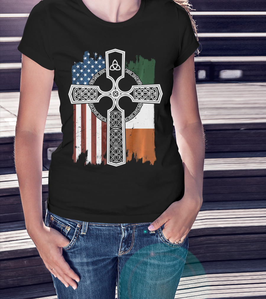 American Irish Flag Celtic Cross With Triquetra T-Shirt