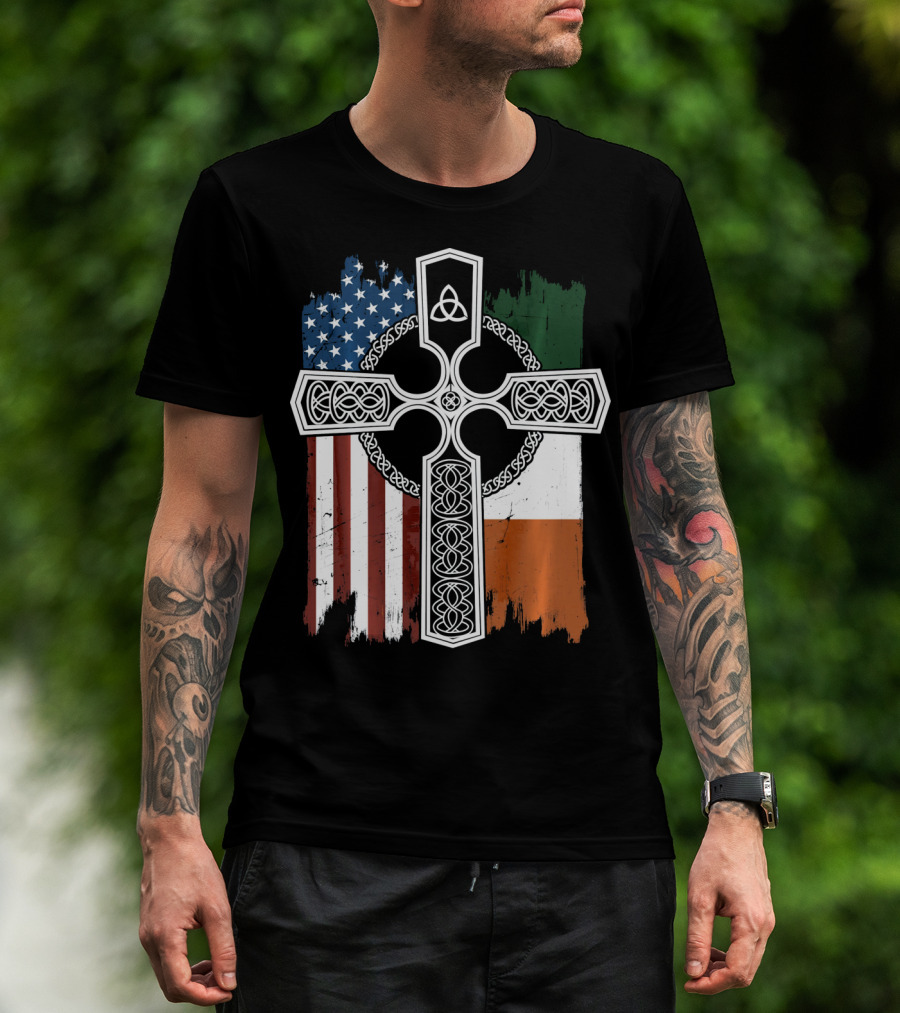 American Irish Flag Celtic Cross With Triquetra T-Shirt