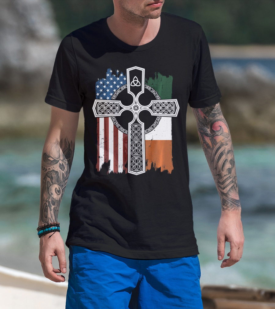 American Irish Flag Celtic Cross With Triquetra T-Shirt