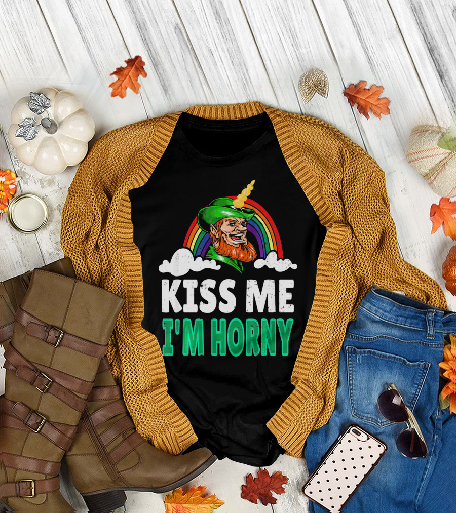 Kiss Me I'm Horny St Patricks Day Lepricorn Rainbow T-Shirt